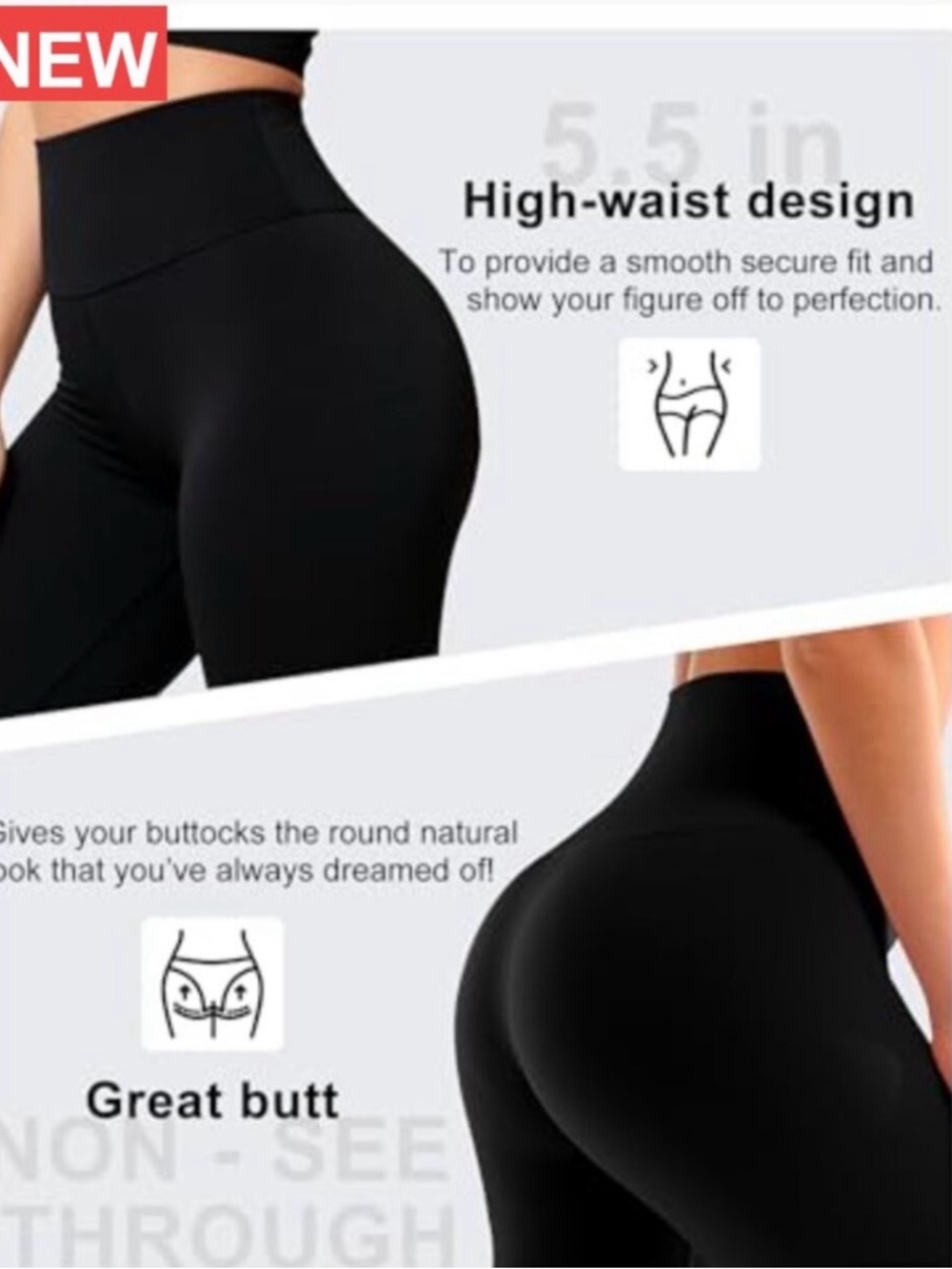 Black High Waisted Tummy Control Leggings | Stretch | Non See Thru Leggings - Picture 7 of 9